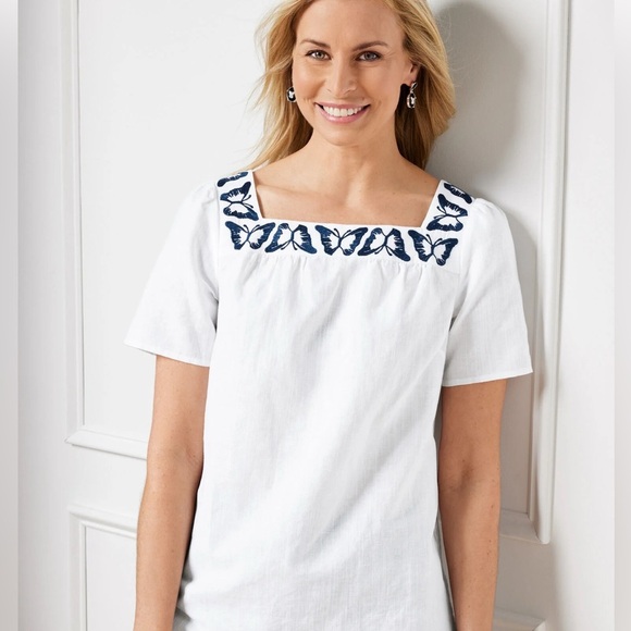 Talbots White Blouse with Navy Butterfly Detail - Picture 2 of 7